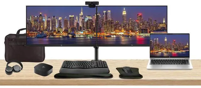 Main image of HP ProBook 445 G10 14" Ryzen 5, 8GB RAM, 256GB SSD, Bundle with 2 x EliteDisplay E24 24" Monitors, Dual Stand, USB-C Dock, MK670 Wireless Keyboard and Mouse, Gel Pad, Webcam, Headphones, Bag