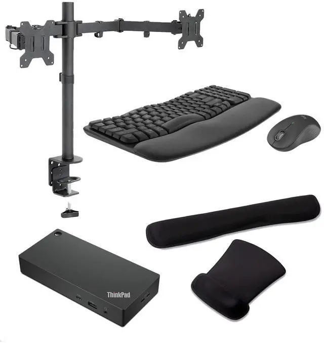 Main image of Lenovo ThinkPad Thunderbolt 4 Workstation Dock 230W 4K Support, HDMI, USB-C, DisplayPort Bundled with Desk Mount Dual Monitor Stand, MK670 Wireless Keyboard & Mouse, Gel Mouse & Wrist Pad