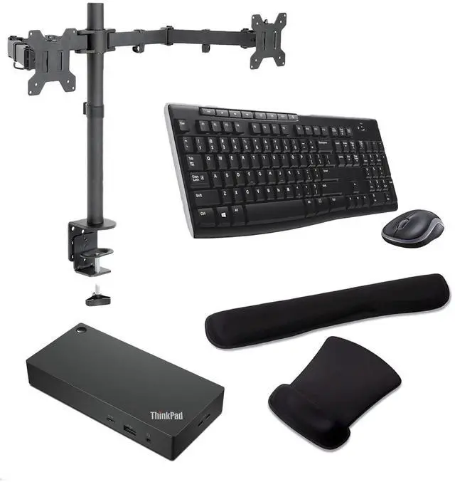 Main image of Lenovo ThinkPad Universal Thunderbolt 4 Dock 100W 4K Support, HDMI, USB-C, DisplayPort, Bundled with Desk Mount Dual Monitor Stand, MK270 Wireless Keyboard & Mouse, Gel Mouse & Wrist Pad