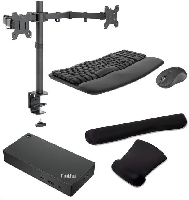 Main image of Lenovo ThinkPad Universal Thunderbolt 4 Dock 100W 4K Support, HDMI, USB-C, DisplayPort, Bundled with Desk Mount Dual Monitor Stand, MK670 Wireless Keyboard & Mouse, Gel Mouse & Wrist Pad