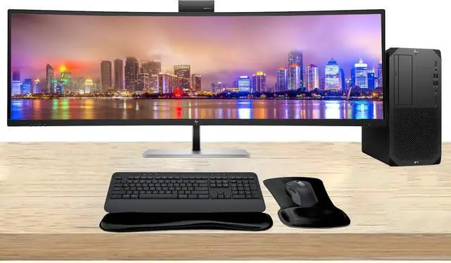 Main image of HP Workstation Bundle Z2 G9 Tower i7k, 64GB RAM, 1TB SSD, Windows 11 Pro, 549pm 49" Curved DQHD Monitor and MK650 Wireless Keyboard & Mouse with Gel Pad