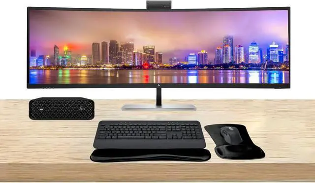 Main image of HP Workstation Bundle Z2 Mini G9 i7, 32GB RAM, 512GB SSD, Windows 11 Pro, 549pm 49" Curved DQHD Monitor and MK650 Wireless Keyboard & Mouse with Gel Mouse & Wrist Pad set