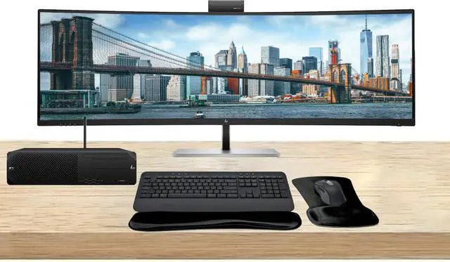 Main image of HP Workstation Bundle Z2 SFF G9 i7, 64GB RAM, 1TB SSD, Windows 11 Pro, 549pm 49" Curved DQHD Monitor and MK650 Wireless Keyboard & Mouse with Gel Pad