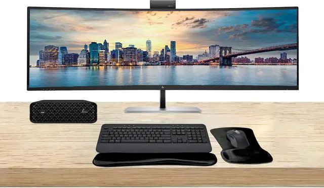 Main image of HP Workstation Bundle Z2 Mini G9 i7, 32GB RAM, 1TB SSD, Windows 11 Pro, 549pm 49" Curved DQHD Monitor and MK650 Wireless Keyboard & Mouse with Gel Mouse & Wrist Pad set