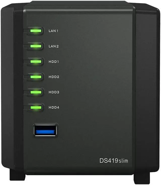 Main image of Synology DiskStation DS419slim Compact Desktop NAS Server, Marvell Armada 385 88F6820, 512MB DDR3 Synology SDRAM, 8TB SATA HDDs, Synology DSM Software