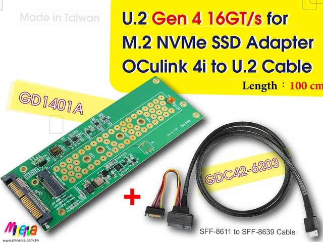 Main image of PCIe 4.0 Oculink 4i (SFF-8611) to U.2 (SFF-8639) Cable, 100cm & U.2 to M.2 NVMe Adapter