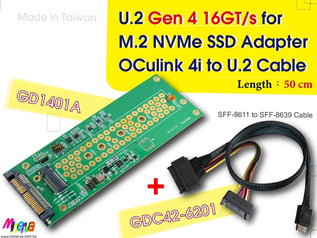 Main image of PCIe 4.0 Oculink 4i (SFF-8611) to U.2 (SFF-8639) Cable, 50cm & U.2 to M.2 NVMe Adapter for AORUS NVMe Gen4 SSD