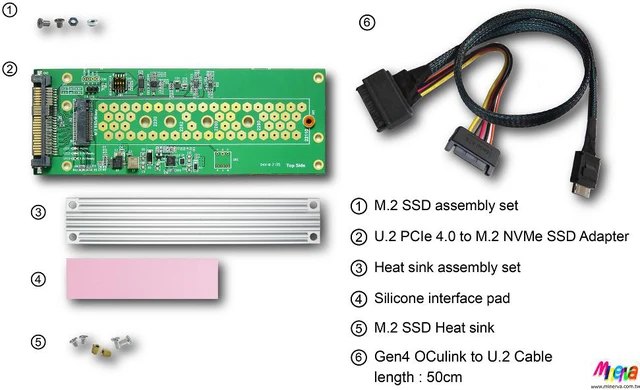 Alt view image 7 of 7 - PCIe 4.0 Oculink 4i (SFF-8611) to U.2 (SFF-8639) Cable, 50cm & U.2 to M.2 NVMe Adapter for AORUS NVMe Gen4 SSD