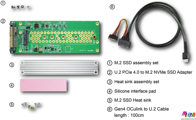 Alt view image 7 of 7 - PCIe 4.0 Oculink 4i (SFF-8611) to U.2 (SFF-8639) Cable, 100cm & U.2 to M.2 NVMe Adapter