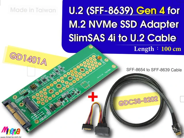 Main image of PCIe 4.0 SlimSAS 4i (SFF-8654) to U.2 (SFF-8639) Cable, 50cm & U.2 to M.2 NVMe Adapter for GP-ASM2NE6500GTTD M.2 SSD