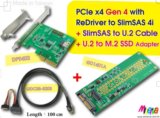 Main image of PCIe x4 Gen4 with ReDriver to SlimSAS 4i AIC & SlimSAS 4i (SFF-8654) to U.2 (SFF-8639) Cable, 100cm & U.2 to M.2 NVMe Adapter