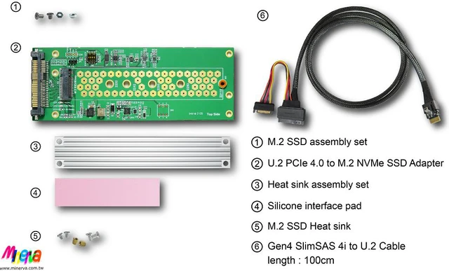 Alt view image 7 of 7 - PCIe 4.0 SlimSAS 4i (SFF-8654) to U.2 (SFF-8639) Cable, 50cm & U.2 to M.2 NVMe Adapter for GP-ASM2NE6500GTTD M.2 SSD