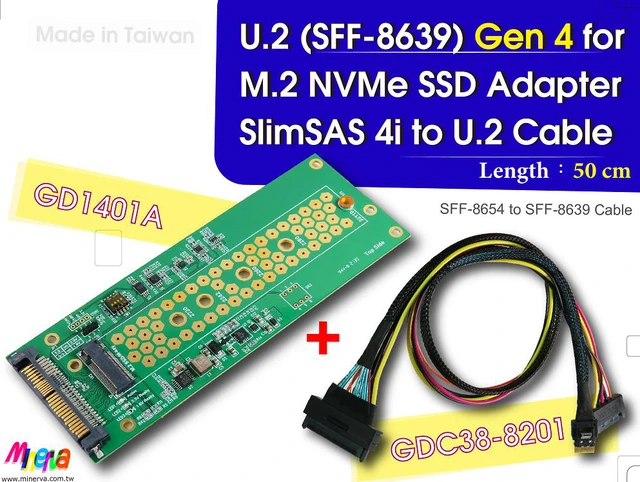 Main image of PCIe 4.0 SlimSAS 4i (SFF-8654) to U.2 (SFF-8639) Cable, 50cm & U.2 to M.2 NVMe Adapter for GP-ASM2NE6500GTTD M.2 SSD