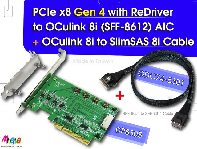 Main image of PCIe x8 Gen 4 with ReDriver to Oculink 8i AIC & Oculink 8i to SlimSAS 8i, 50cm Cable