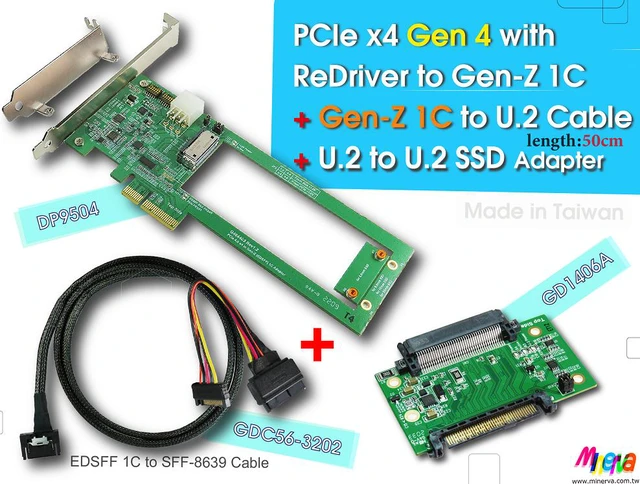 Main image of PCIex4 Gen 4 with ReDriver for Gen-Z 1C AIC & Gen-Z 1C to U.2 Cable, 100cm & U.2 (SFF-8639) Male PCIe Gen 4 to U.2 Female Adapter KIT