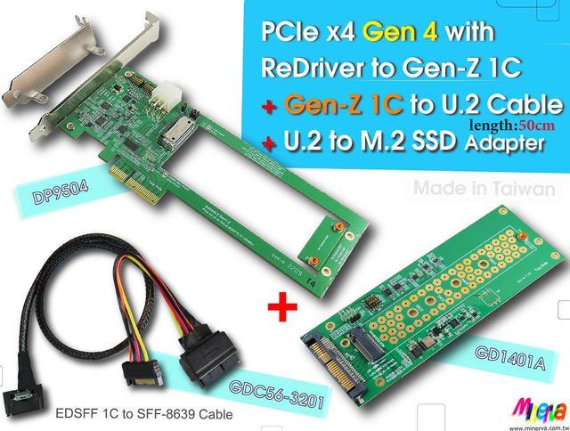 PCIex4 Gen 4 with ReDriver for EDSFF 1C AIC & Gen-Z 1C to U.2 Cable, 50cm &  U.2 to M.2 NVMe SSD Adapter KIT