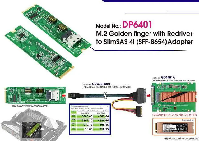 Alt view image 3 of 5 - M.2 M-key PCIe Gen 4 with ReDriver for SlimSAS 4i Adapter