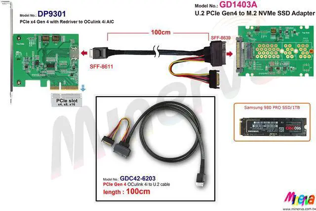 Alt view image 2 of 4 - SFF-8639 PCIe Gen4 to M.2 NVMe SSD(22x80mm) Adapter, 3.3V Hot plug Power Protection, Sideband 3.3V or 1.8V Switching, SMBus Hot Swappable