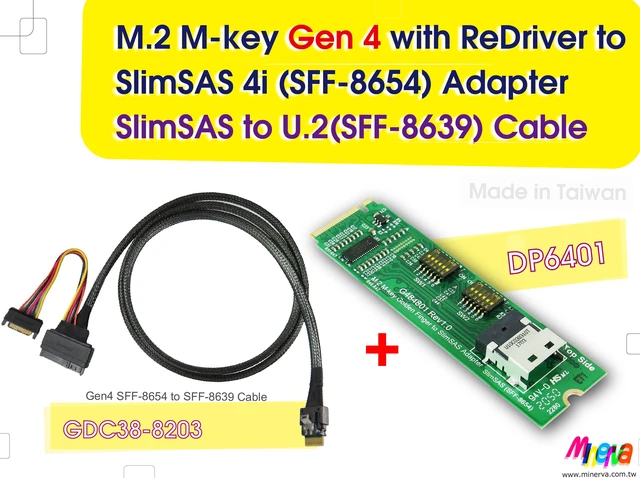Main image of M.2 M-key PCIe Gen 4 with ReDriver to SFF-8654 4i & Gen4 SFF-8654 4i to U.2 (SFF-8639) Cable, 100cm KIT