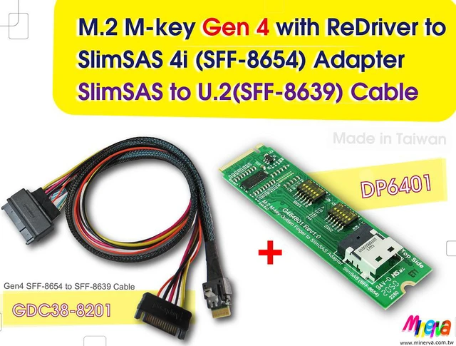 Main image of M.2 M-key PCIe Gen 4 with ReDriver to slimSAS 4i & Gen4 SlimSAS 4i to U.2 (SFF-8639) Cable/50cm KIT