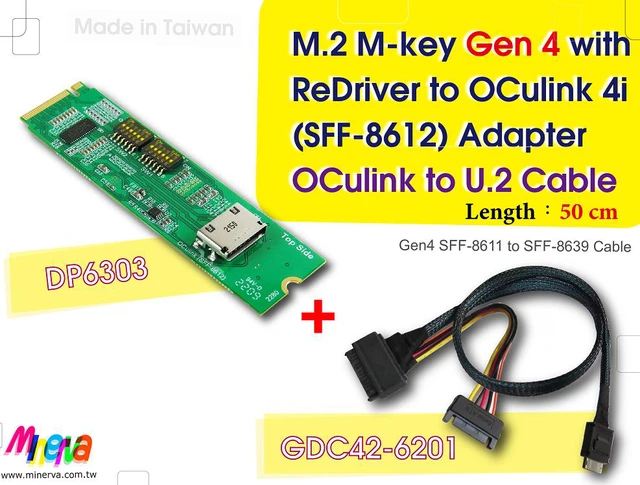 Main image of M.2 M-key PCIe Gen 4 with ReDriver to OCulink 4i & OCulink 4i to U.2 (SFF-8639) Cable, 50cm KIT
