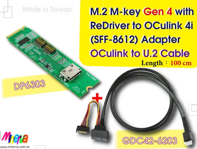 Main image of M.2 M-key PCIe Gen 4 with ReDriver to SFF-8612 4i & SFF-8611 4i to U.2 (SFF-8639) Cable, 100cm KIT