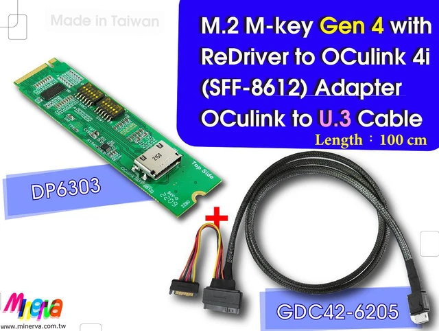 Main image of M.2 M-key PCIe Gen 4 with ReDriver to SFF-8612 4i & SFF-8611 4i to U.3 (SFF-8639) Cable, 100cm KIT