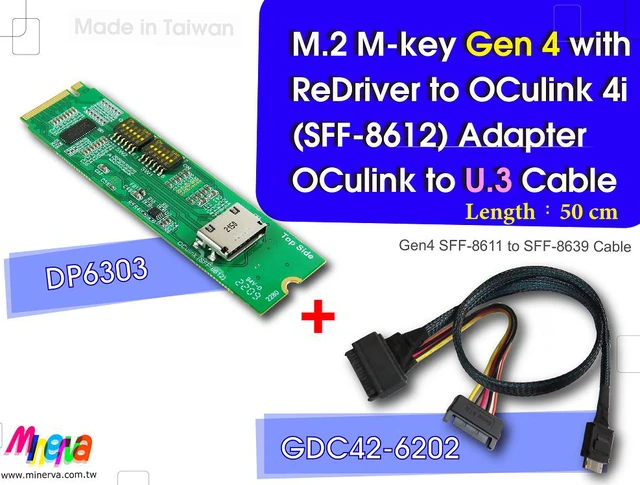 Main image of M.2 M-key PCIe Gen 4 with ReDriver to SFF-8612 4i & SFF-8611 4i to U.3 (SFF-8639) Cable, 50cm KIT