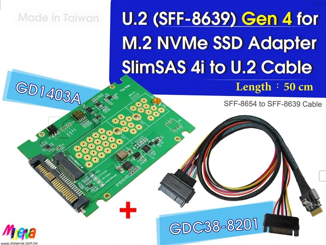 Main image of PCIe 4.0 SlimSAS 4i to U.2 cable, 50cm & U.2 to M.2 NVMe SSD Adapter KIT
