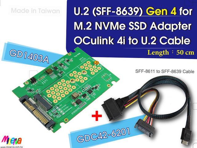 PCIe 4.0 Oculink 4i to U.2 cable, 50cm & U.2 to M.2 NVMe SSD Adapter KIT
