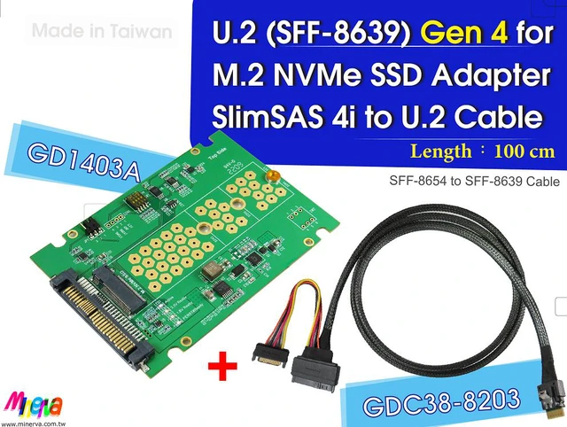 Main image of PCIe 4.0 SFF-8654 4i to U.2 cable, 100cm & U.2 to M.2 NVMe SSD Adapter KIT