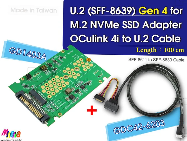 Main image of PCIe 4.0 Oculink 4i to U.2 cable, 100cm & U.2 to M.2 NVMe SSD Adapter KIT