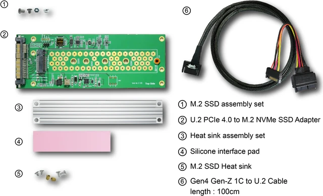 Alt view image 7 of 7 - PCIe 4.0 Gen-Z 1C(EDSFF) to U.2 (SFF-8639) Cable, 100cm & U.2 to M.2 NVMe Adapter KIT