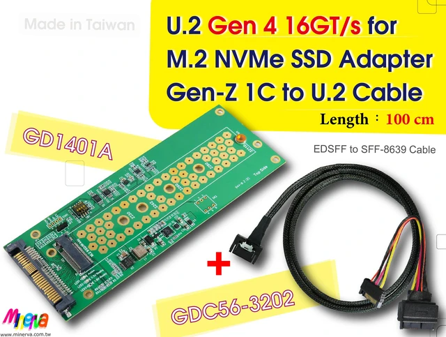 Main image of PCIe 4.0 Gen-Z 1C(EDSFF) to U.2 (SFF-8639) Cable, 100cm & U.2 to M.2 NVMe Adapter KIT