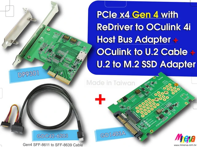 Main image of PCIe x4 Gen4 with ReDriver to OCulink 4i AIC & OCulink 4i to U.2 (SFF-8639) Cable, 100cm & U.2 to M.2 NVMe SSD Adapter KIT