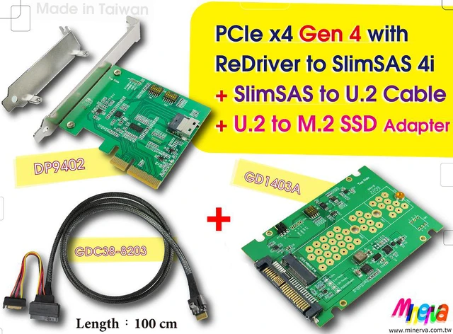 Main image of PCIe x4 Gen4 with ReDriver to SlimSAS 4i AIC & SlimSAS 4i (SFF-8654) to U.2 (SFF-8639) Cable, 100cm & U.2 to M.2 NVMe Adapter KIT