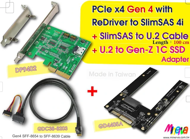Main image of PCIe x4 Gen4 with ReDriver to SlimSAS 4i (SFF-8654) AIC Adapter & SlimSAS 4i to U.2 (SFF-8639) Cable, 100cm & U.2 to Gen-Z 1C(EDSFF) Adapter KIT