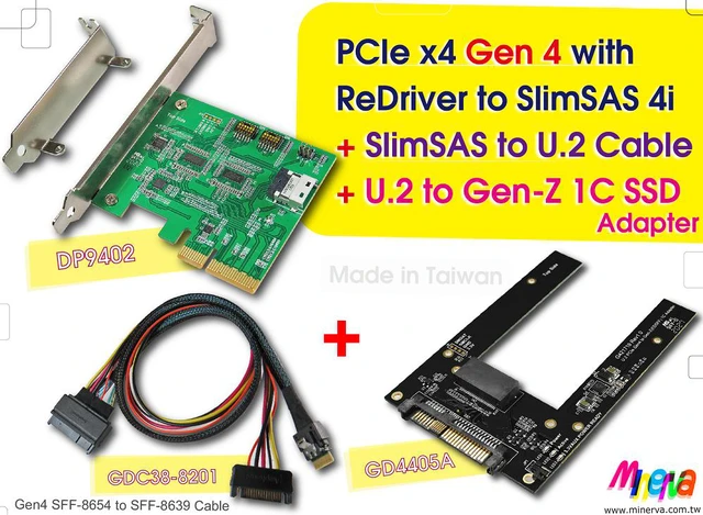 Main image of PCIe x4 Gen4 with ReDriver to SlimSAS 4i (SFF-8654) AIC Adapter & SlimSAS 4i to U.2 (SFF-8639) Cable, 50cm & U.2 to Gen-Z 1C(EDSFF) Adapter KIT