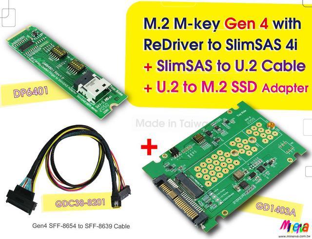 M.2 M-key PCIe Gen 4 with ReDriver to SlimSAS 4i & SlimSAS 4i to U.2 Cable,  50cm & U.2 to M.2 NVMe Adapter KIT