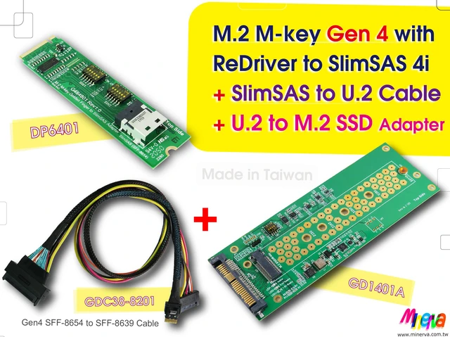 Main image of M.2 M-key PCIe Gen 4 with ReDriver to SlimSAS 4i & SlimSAS 4i to U.2 (SFF-8639) Cable, 50cm & U.2 to M.2 NVMe SSD Adapter KIT