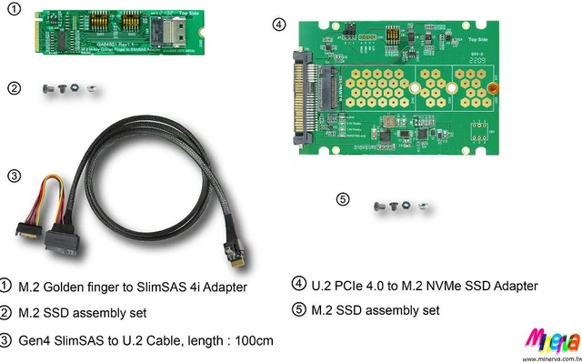 Alt view image 7 of 7 - M.2 M-key PCIe Gen 4 with ReDriver to SlimSAS 4i & SlimSAS 4i to U.2 Cable, 100cm & U.2 to M.2 NVMe Adapter KIT