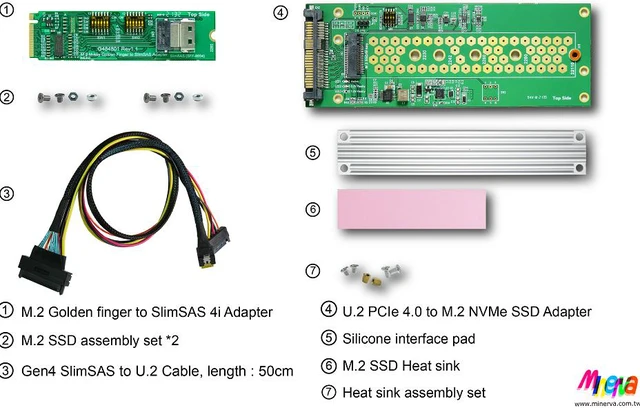 Alt view image 7 of 7 - M.2 M-key PCIe Gen 4 with ReDriver to SlimSAS 4i & SlimSAS 4i to U.2 (SFF-8639) Cable, 50cm & U.2 to M.2 NVMe SSD Adapter KIT