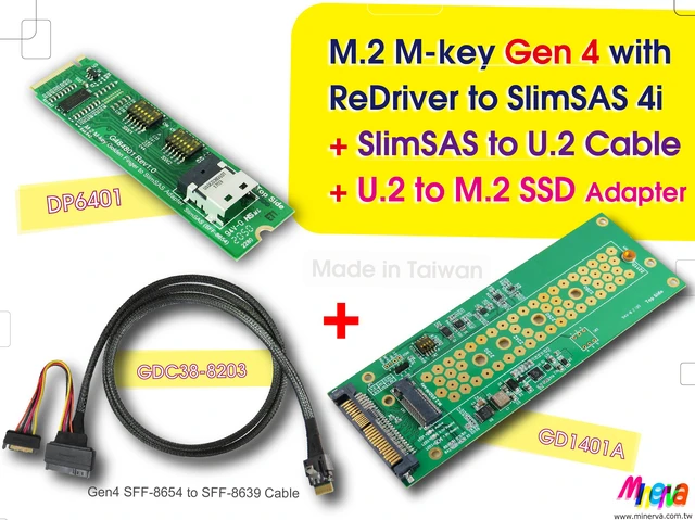 Main image of M.2 M-key PCIe Gen 4 with ReDriver to SlimSAS 4i & SlimSAS 4i to U.2 (SFF-8639) Cable, 100cm & U.2 to M.2 NVMe SSD Adapter KIT