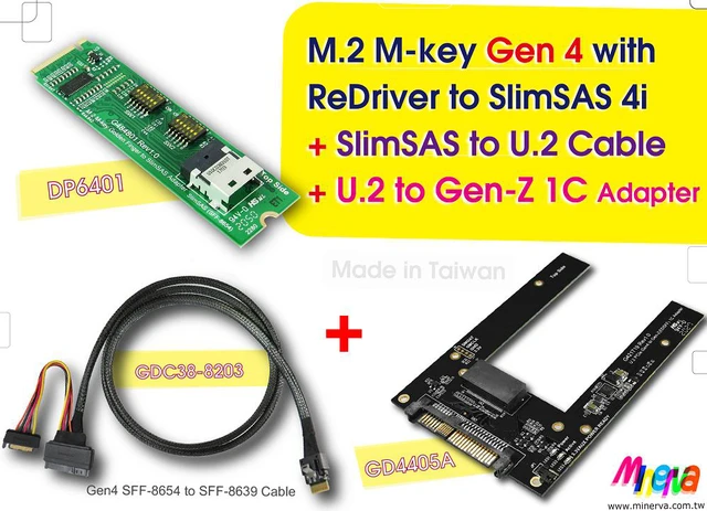Main image of M.2 M-key PCIe Gen 4 with ReDriver to slimSAS 4i Adapter & SlimSAS 4i to U.2 (SFF-8639) Cable, 100cm & U.2 to Gen-Z 1C(EDSFF) Adapter KIT
