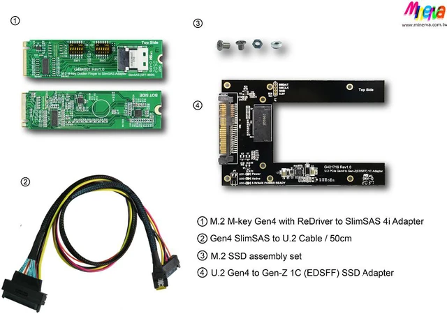 Alt view image 7 of 7 - M.2 M-key PCIe Gen 4 with ReDriver to slimSAS 4i Adapter & SlimSAS 4i to U.2 (SFF-8639) Cable, 50cm & U.2 to Gen-Z 1C(EDSFF) Adapter KIT