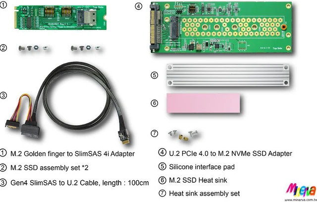 Alt view image 7 of 7 - M.2 M-key PCIe Gen 4 with ReDriver to SlimSAS 4i & SlimSAS 4i to U.2 (SFF-8639) Cable, 100cm & U.2 to M.2 NVMe SSD Adapter KIT