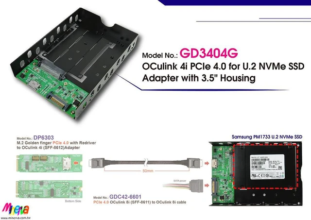 Alt view image 2 of 5 - OCulink (SFF-8612) PCIe Gen4 for U.2 (SFF-8639) SSD Adapter with 3.5" Housing