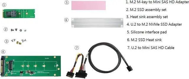 Alt view image 6 of 6 - M.2 M-key Gen3 to Mini SAS HD Adapter & Mini SAS HD to U.2 Cable, 100cm & U.2 to M.2 NVMe SSD with Heat sink KIT
