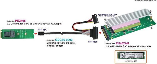 Innocard U.2 (SFF-8639) to M.2 NVMe SSD Adapter or SATA to M.2 SSD Adapter  with U.2 to Mini SAS HD Cable 