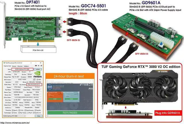 Alt view image 2 of 4 - PCIe x16 Gen 4 with ReDriver to SlimSAS 8i dual port AIC for NVIDIA GeForce RTX 3080 GPU